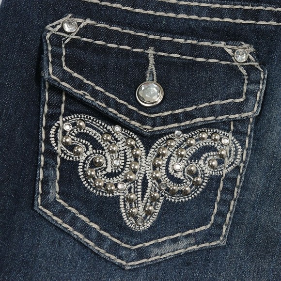 Gumm Junior Womens Embellished Jeans 5/6 Flap Pockets Rhinestone Button Slim Leg - Picture 9 of 10